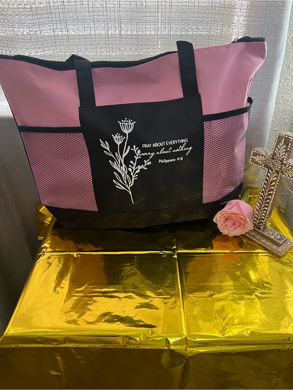 Inspirational Pink & Black Tote Bag with Floral Script
